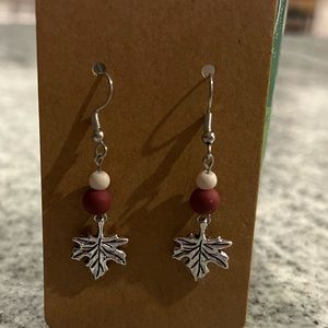 Fall Earrings - silver leaves dangling from cranberry and off-white beads